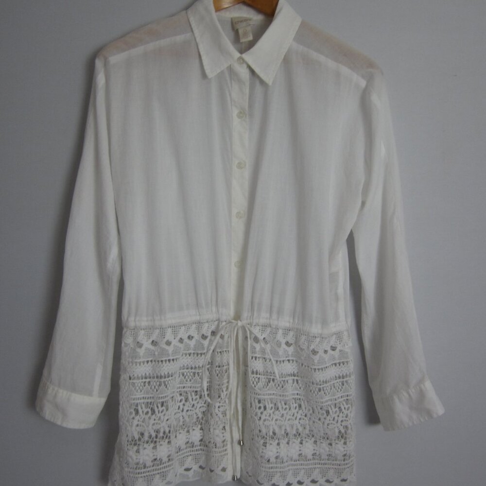 New Chicos 0 Womens S Optic White Crochet Lace Trim Shirt Cotton Ties NWT $99